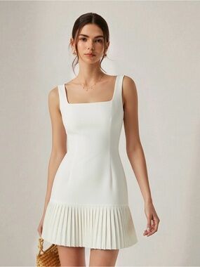 Commense Elegant Square-Neck White Pleated-Hem Dress XL NWT